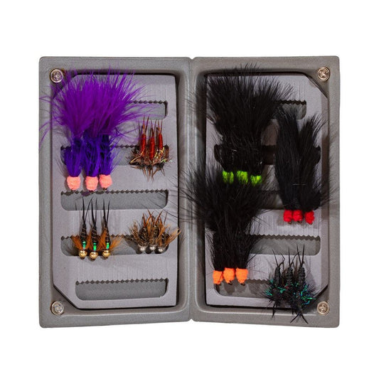 The Jackson Hole Fly Company JHFLYCO Steelhead Fly Box features 24 premium spey and steelhead flies in assorted colors—purple, orange, black, and brown—neatly organized in foam slots.