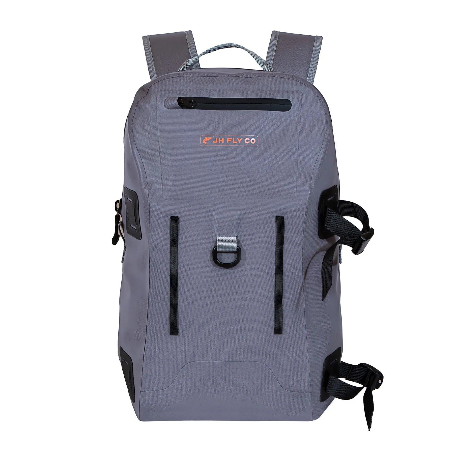 The JHFLYCO 27L Waterproof Backpack by Jackson Hole Fly Company features gray 500D PVC, black straps, a TIZIP front pocket, orange JH FLY CO logo, and multiple side and front attachment points—ready for the wild.