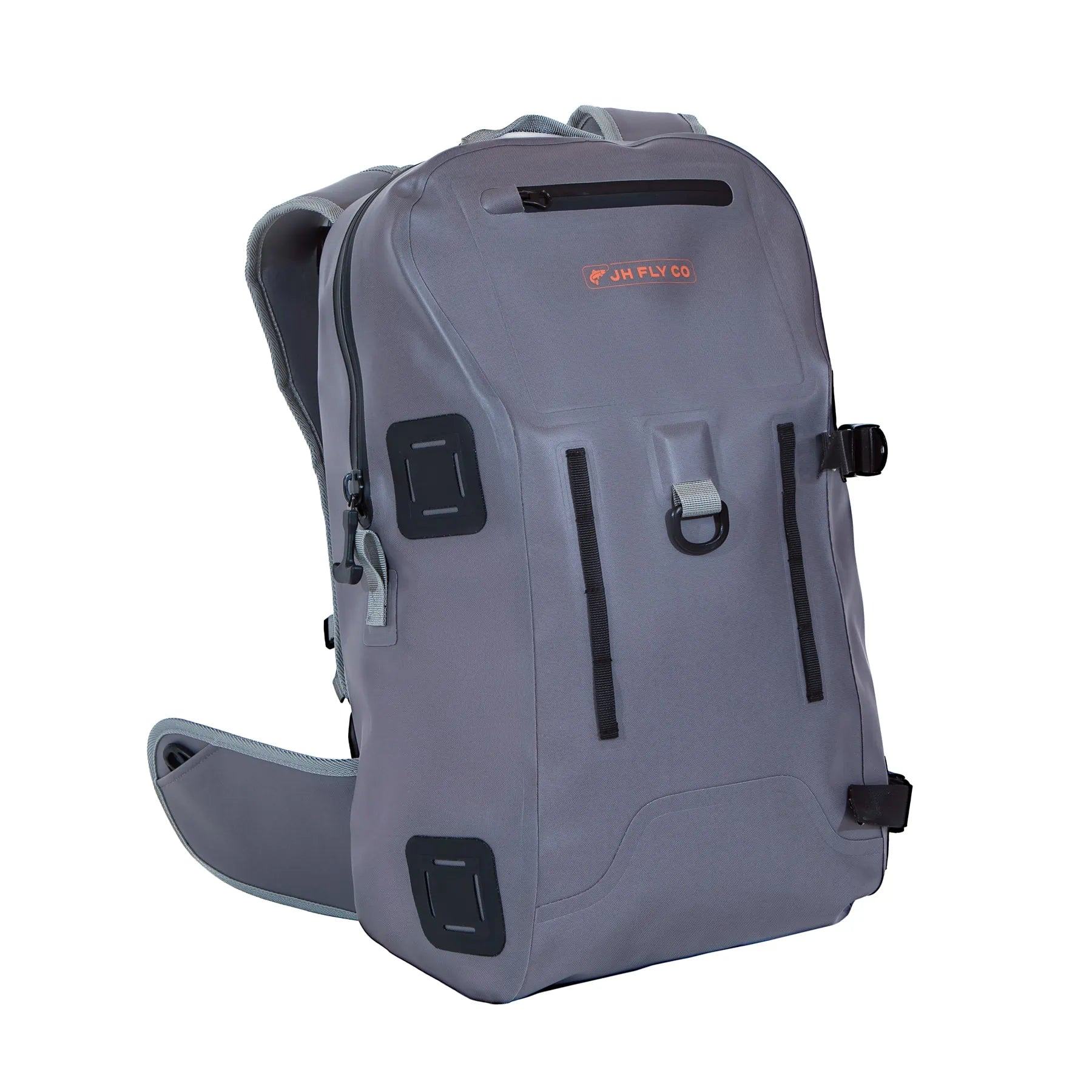 The JHFLYCO 27L Waterproof Backpack by Jackson Hole Fly Company features rugged 500D PVC, a top TIZIP zipper, front straps, orange logo, multiple pockets, and a padded waist strap for comfort—perfect for the wild.