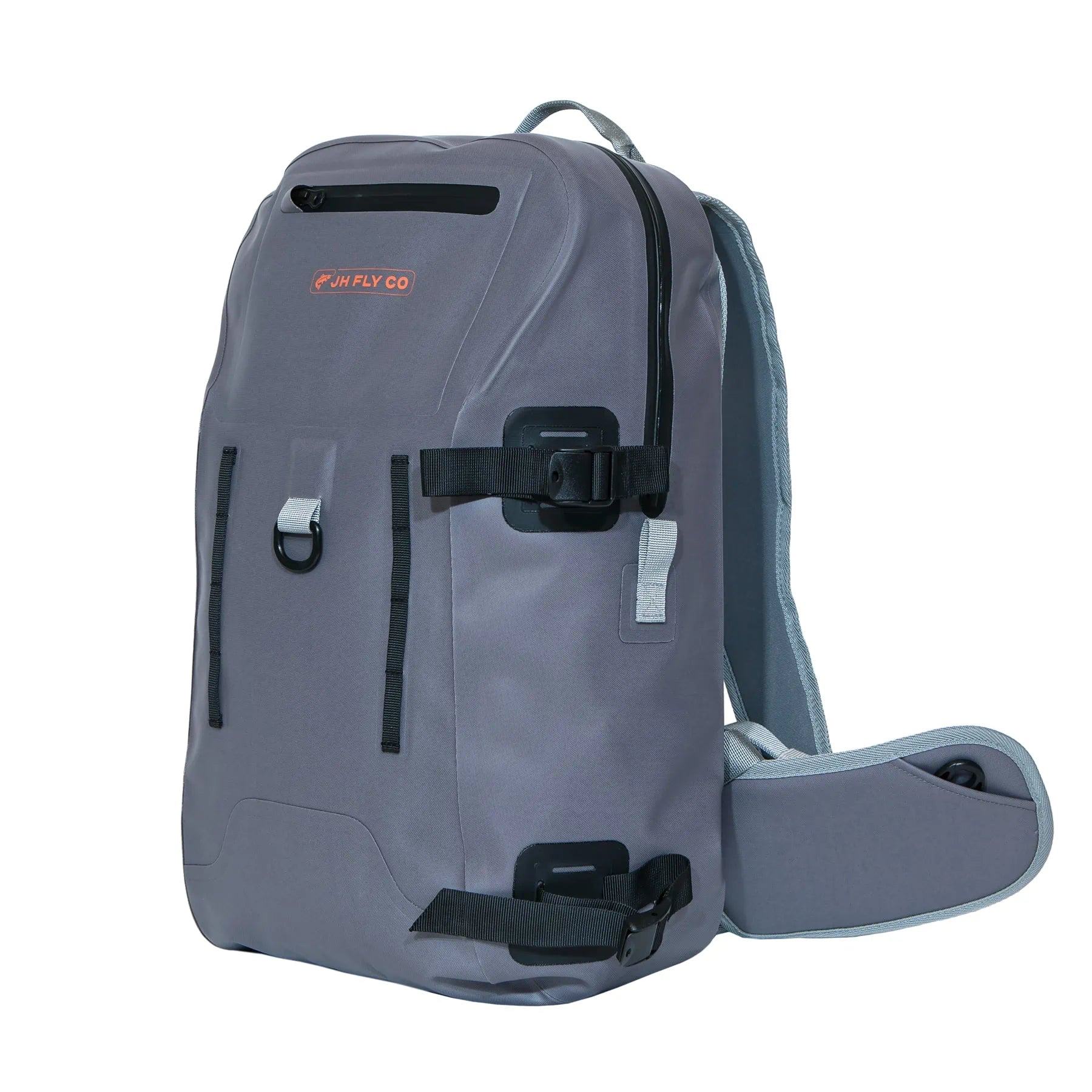 The JHFLYCO 27L Waterproof Backpack by Jackson Hole Fly Company features a sleek grey rectangular design, black buckles, TIZIP zipper front pocket, padded hip belt, and orange FUN FLY CO logo. Made from durable 500D PVC for lasting use.
