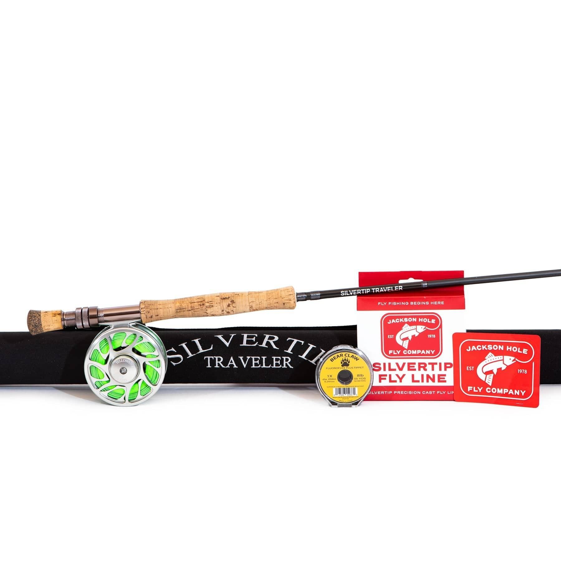 The Jackson Hole Fly Company Kenai River Rod Combo Kit – 90 8WT, with cork handle and green-silver reel, includes rod sleeve and fly line in Silvertip Fly Line packaging—perfect for salmon and steelhead—shown on a white background.