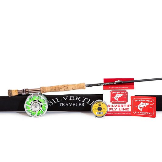The Jackson Hole Fly Company Kenai River Rod Combo Kit – 90 8WT, with cork handle and green-silver reel, includes rod sleeve and fly line in Silvertip Fly Line packaging—perfect for salmon and steelhead—shown on a white background.