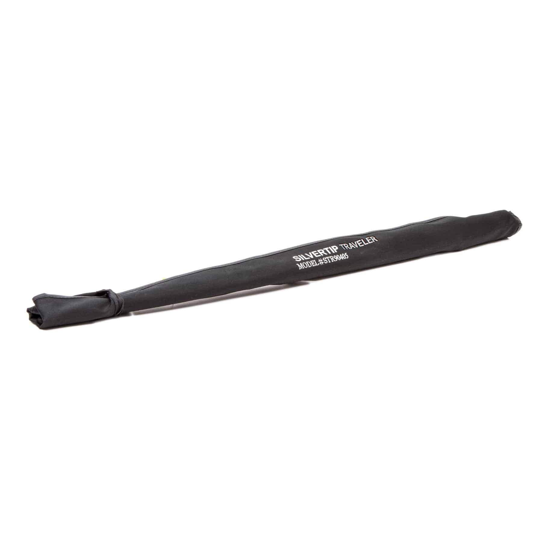 A black cylindrical carrying case with Silvertip Traveler Model: SSTPB46 in white, ideal for the Jackson Hole Fly Company Kenai River Rod Combo Kit – 90 8WT, rests on a white background.
