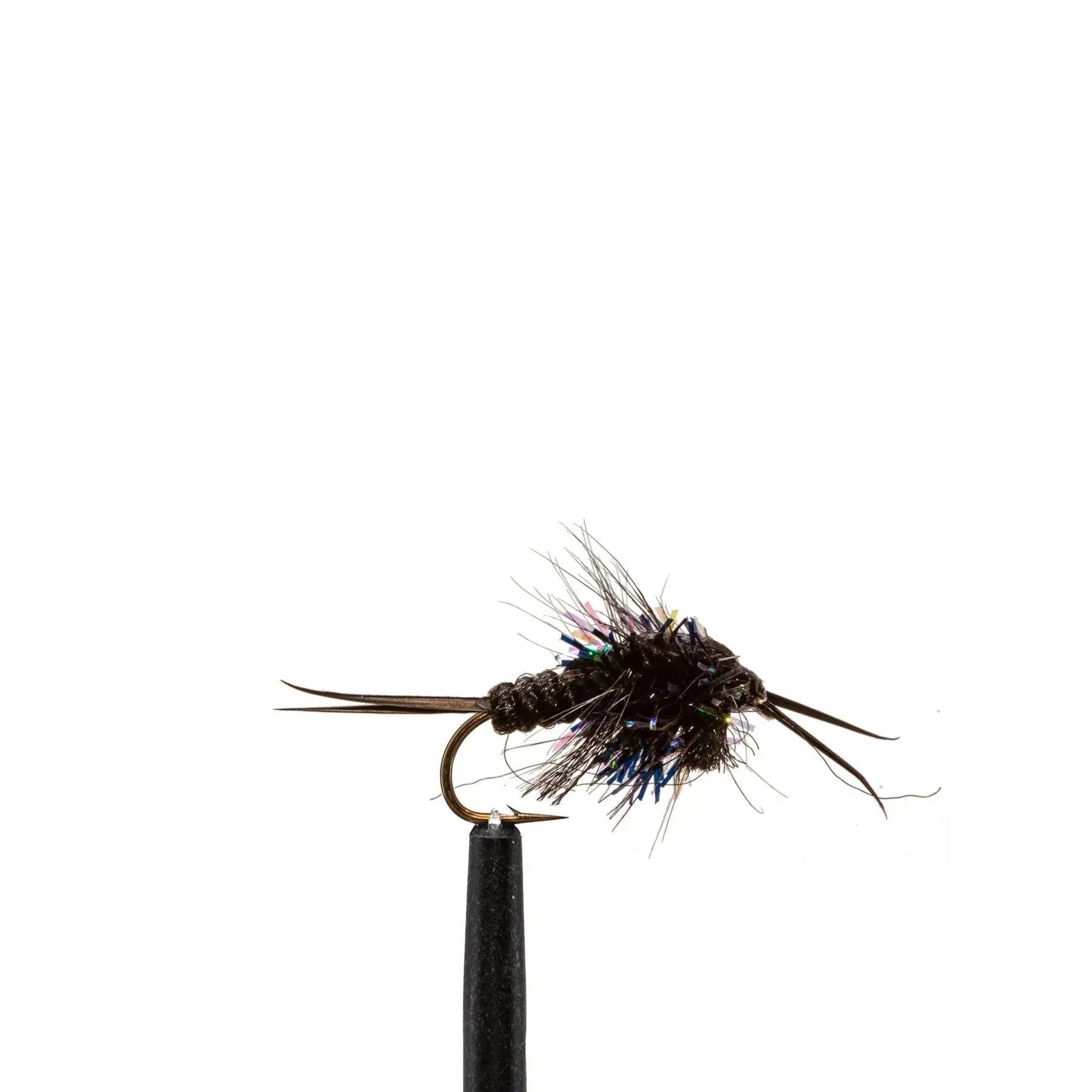 A close-up of a JHFLYCO Steelhead Fly from the Jackson Hole Fly Company, featuring a dark, fuzzy body, thin brown fibers, and a metallic hook—part of the 24-piece Spey Fishing Fly Collection. Ideal for your steelhead fly box.