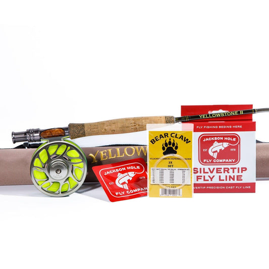 The Jackson Hole Fly Company Miracle Mile Rod Combo Kit – 90 6WT includes a quality rod, reel with neon line, Silvertip fly line, Bear Claw flies, rod case, and accessories—offering a complete precision fly fishing setup.