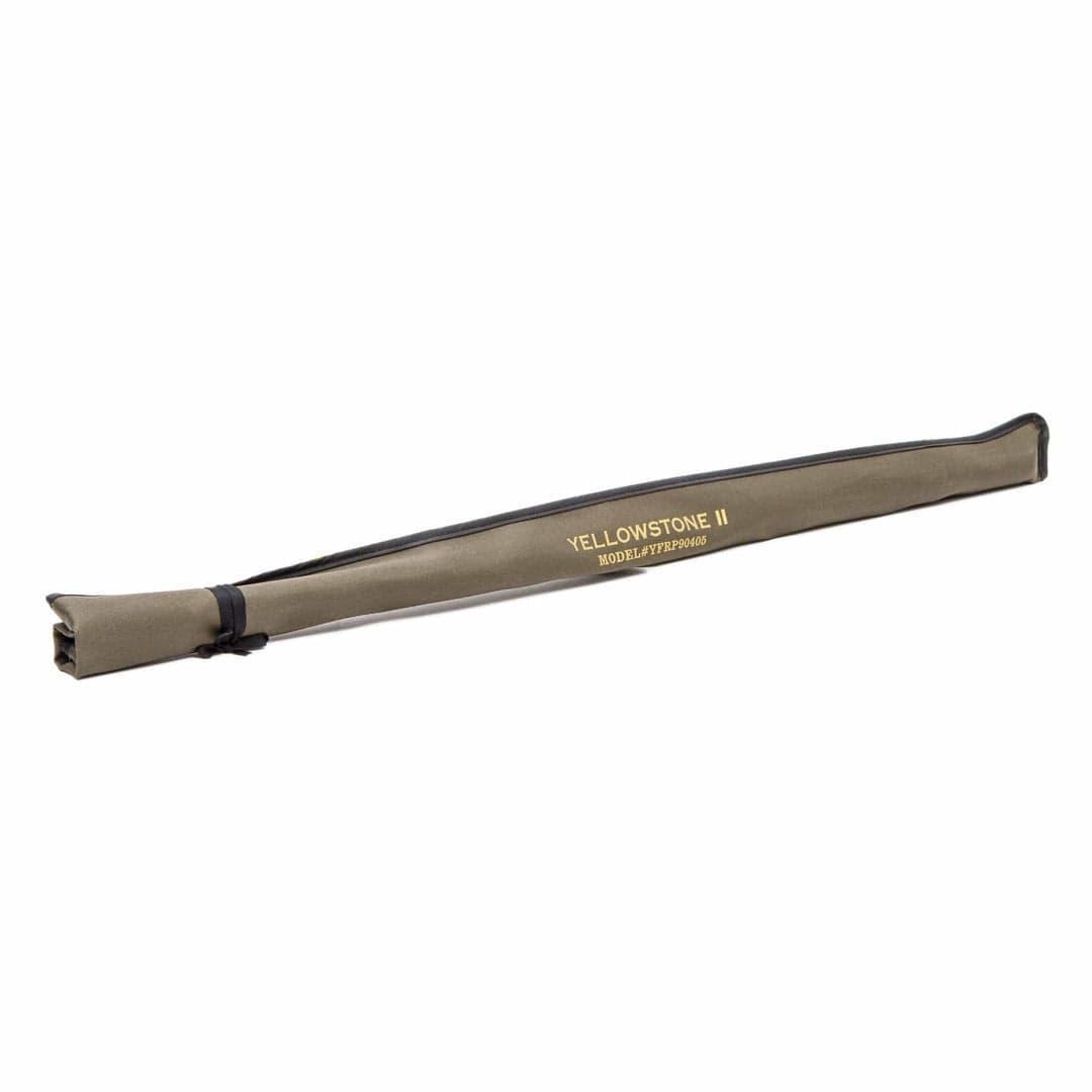 A khaki padded zippered case labeled YELLOWSTONE II MODEL 477/589MH in yellow, designed to hold the Miracle Mile Rod Combo Kit – 90 6WT by Jackson Hole Fly Company or as part of a fly fishing set.