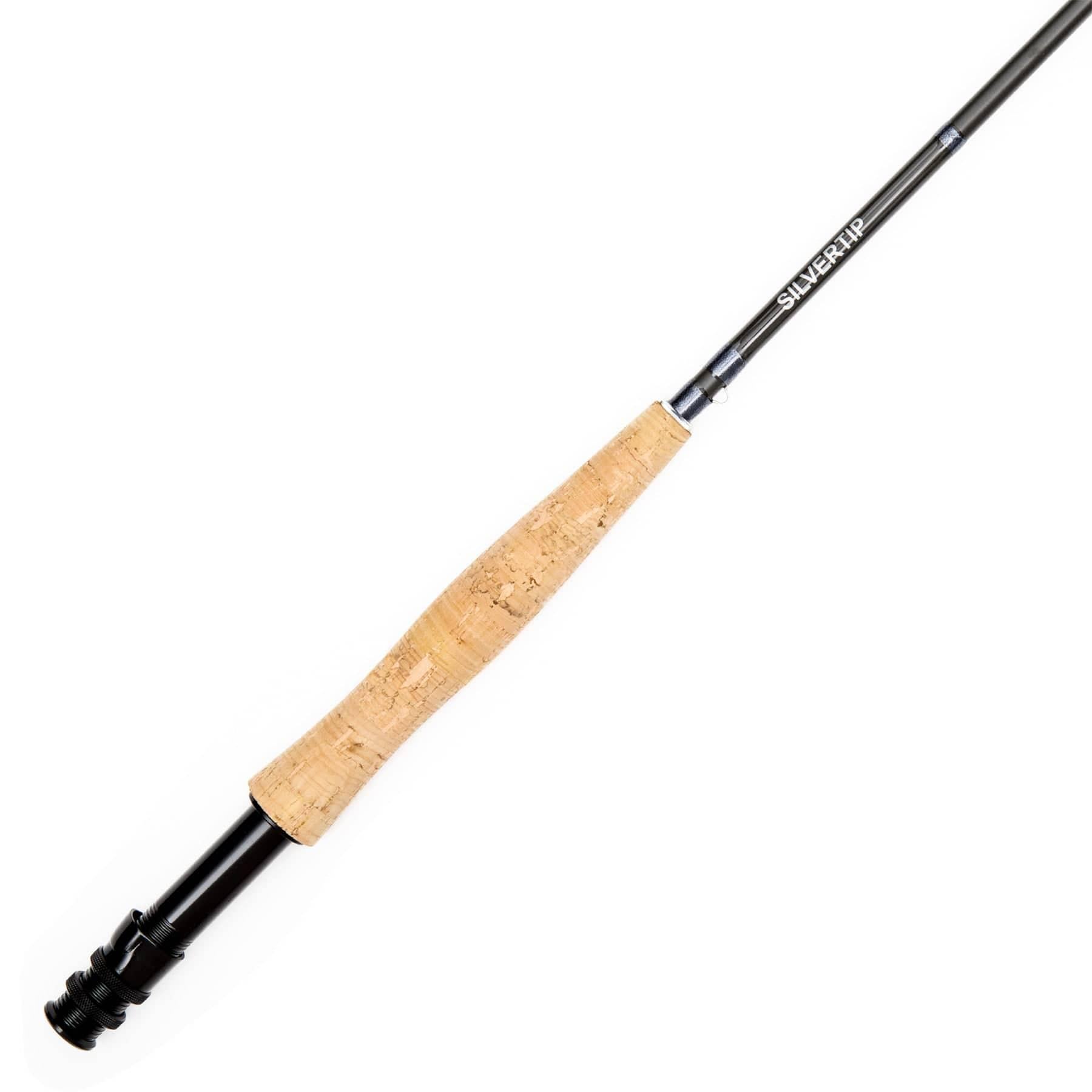 A close-up of the Jackson Hole Fly Company Silvertip 90 5WT Fly Rod, a versatile 4-piece freshwater setup with a cork handle and black reel seat, made from IM6 graphite and featuring the Silver Tip label.