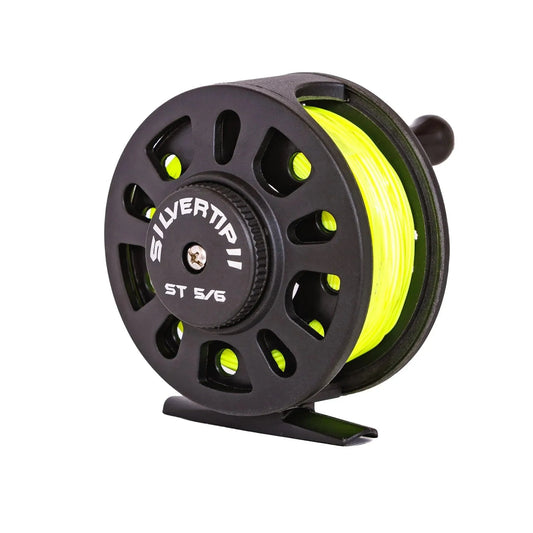 The Jackson Hole Fly Company Silvertip II 5/6 fly fishing reel, spooled with bright yellow 5WT fly line, is shown against a white background—perfect for beginners.