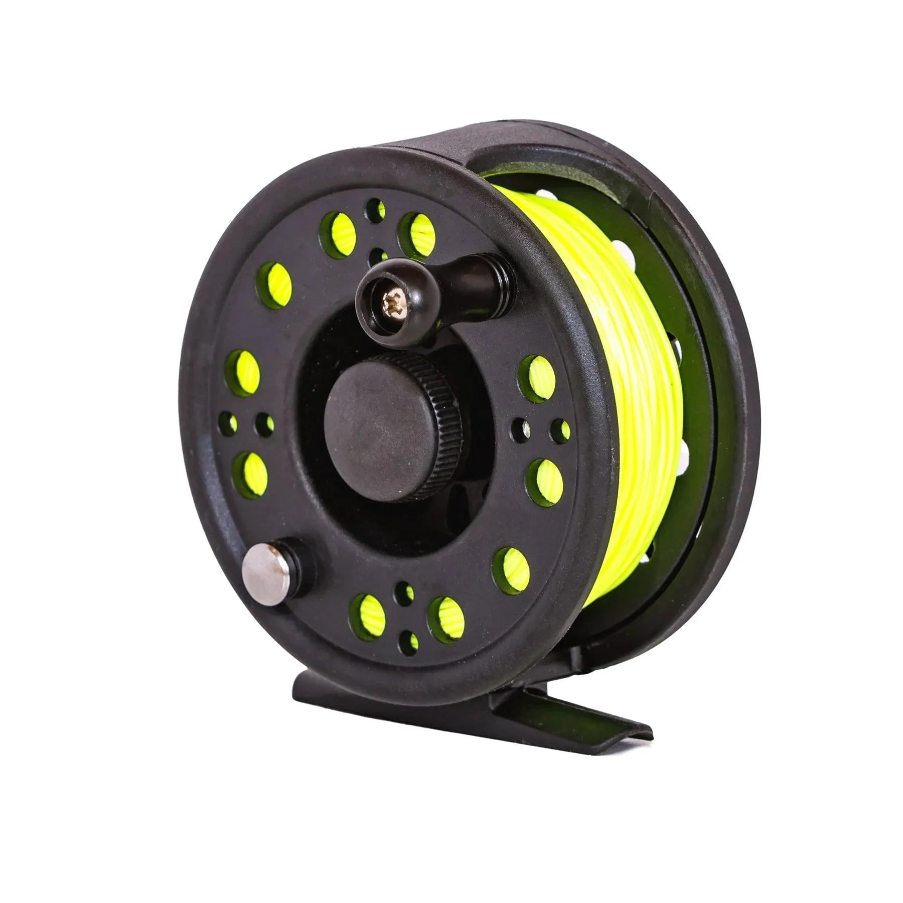 The Jackson Hole Fly Company Silvertip II 5/6 Fly Fishing Reel, pre-spooled with 5WT bright yellow fly line, is shown at an angle on a white background. Its black frame features multiple circular holes for a lightweight design.