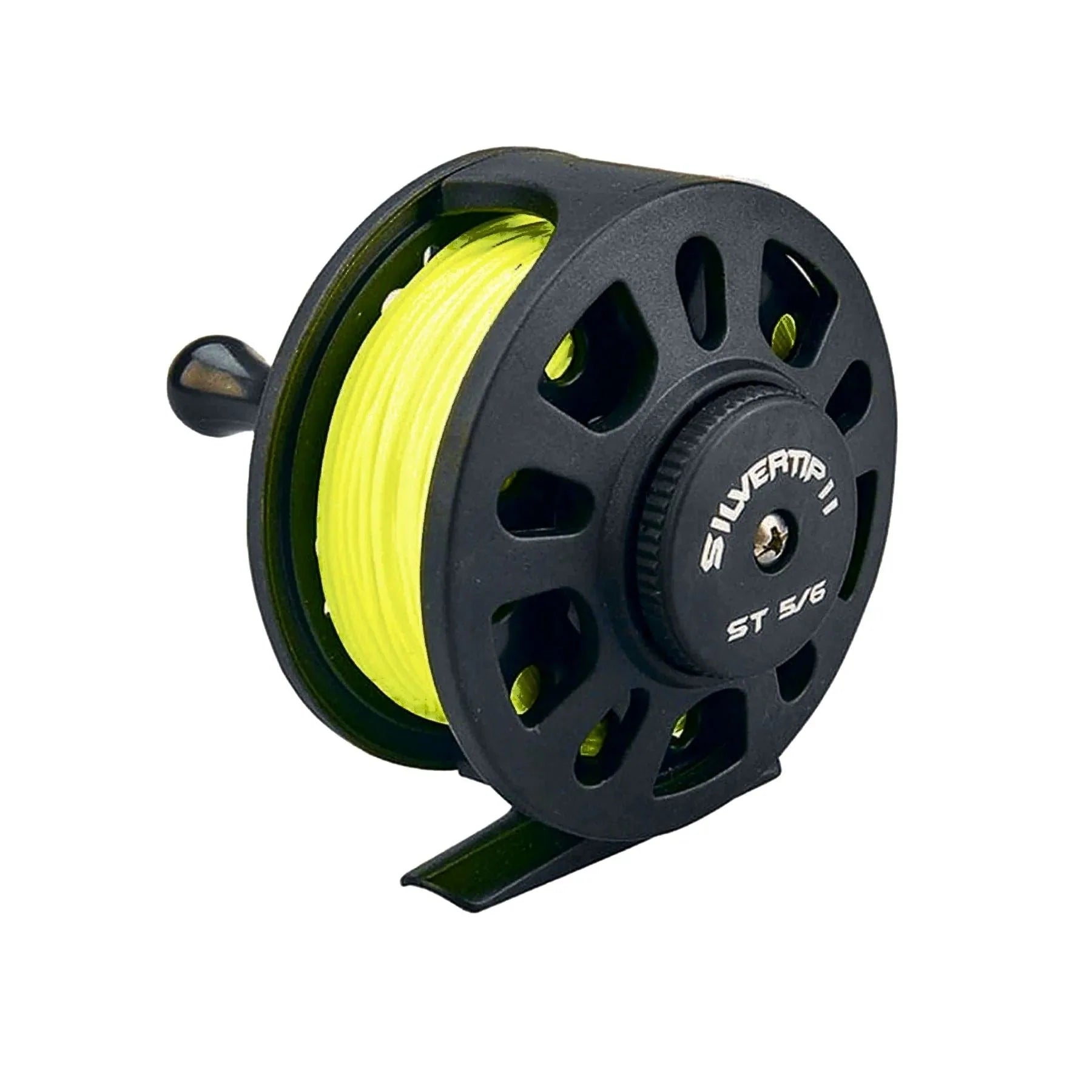 The Jackson Hole Fly Company Silvertip II 5/6 Fly Fishing Reel, spooled with bright yellow 5WT fly line, is displayed against a white background.