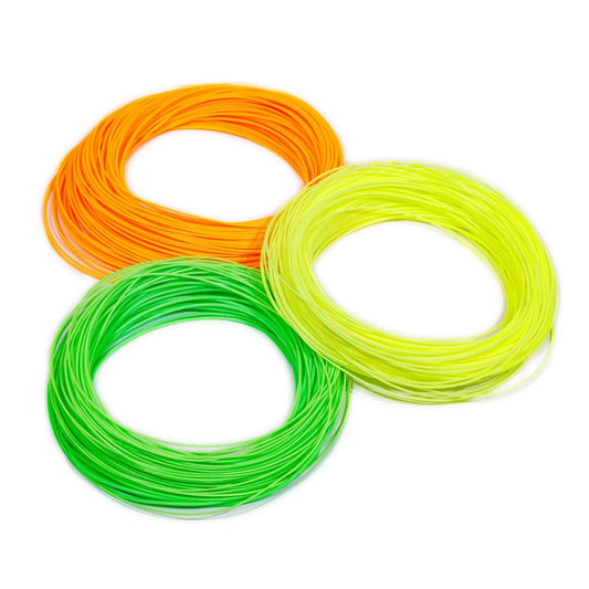 Three coils of orange, yellow, and green Silvertip Weight Forward Fly Line by Jackson Hole Fly Company are arranged on a white background.