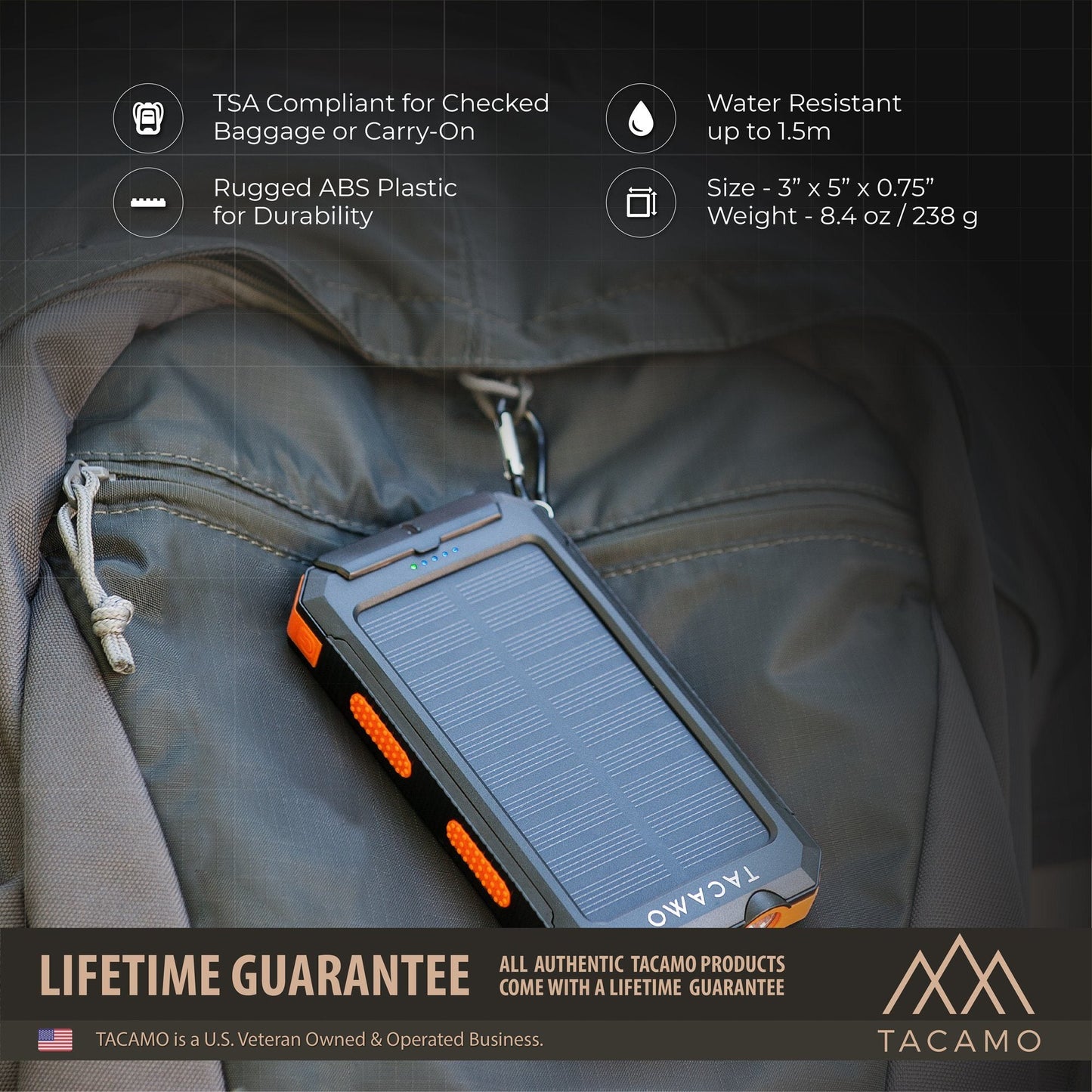 A TITAN Survival TACAMO Solar USB Power Bank – 10,000mAh with orange accents sits on a gray backpack. Features: TSA compliant, water resistant to 1.5m, rugged ABS plastic, compact and light, lifetime guarantee, flashlight, and compass.