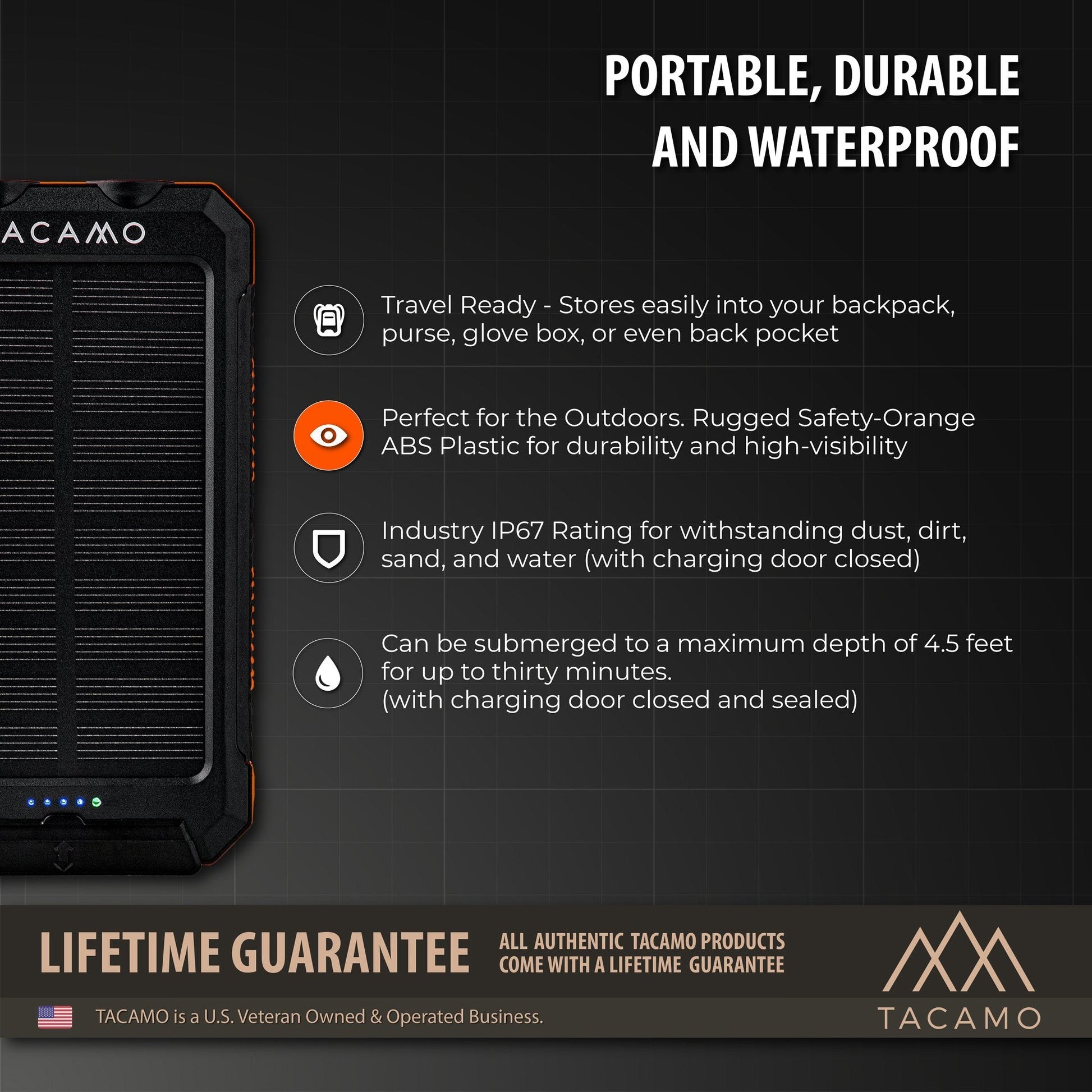 The TITAN Survival TACAMO Solar USB Power Bank (10,000mAh) in safety-orange and black features a rugged, IP67 waterproof design, submersible durability, emergency flashlight, compass, and comes with a lifetime guarantee.