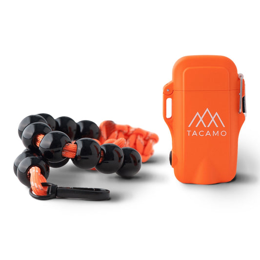 A TACAMO logo orange waterproof case and a black beaded lanyard with orange cord, designed for securely carrying the TITAN Survival TACAMO H2 Rechargeable Dual-Head Electric Arc Lighter, are shown on a white background.