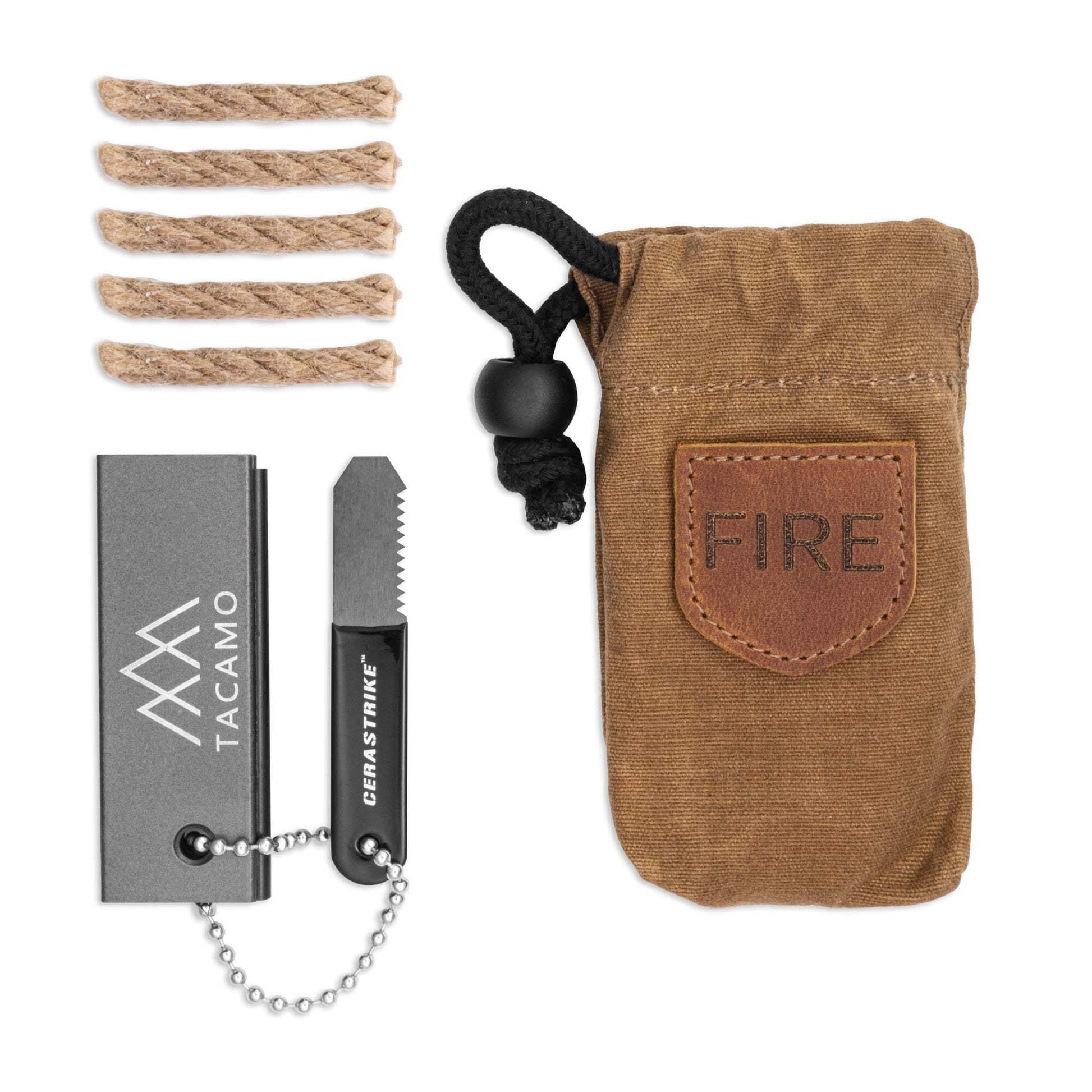 The TITAN Survival TACAMO® Mini Fire-Starter Kit includes a metal striker, ferro rod, five fire tinder sticks, and a canvas bag—everything you need for starting fires on your next adventure.