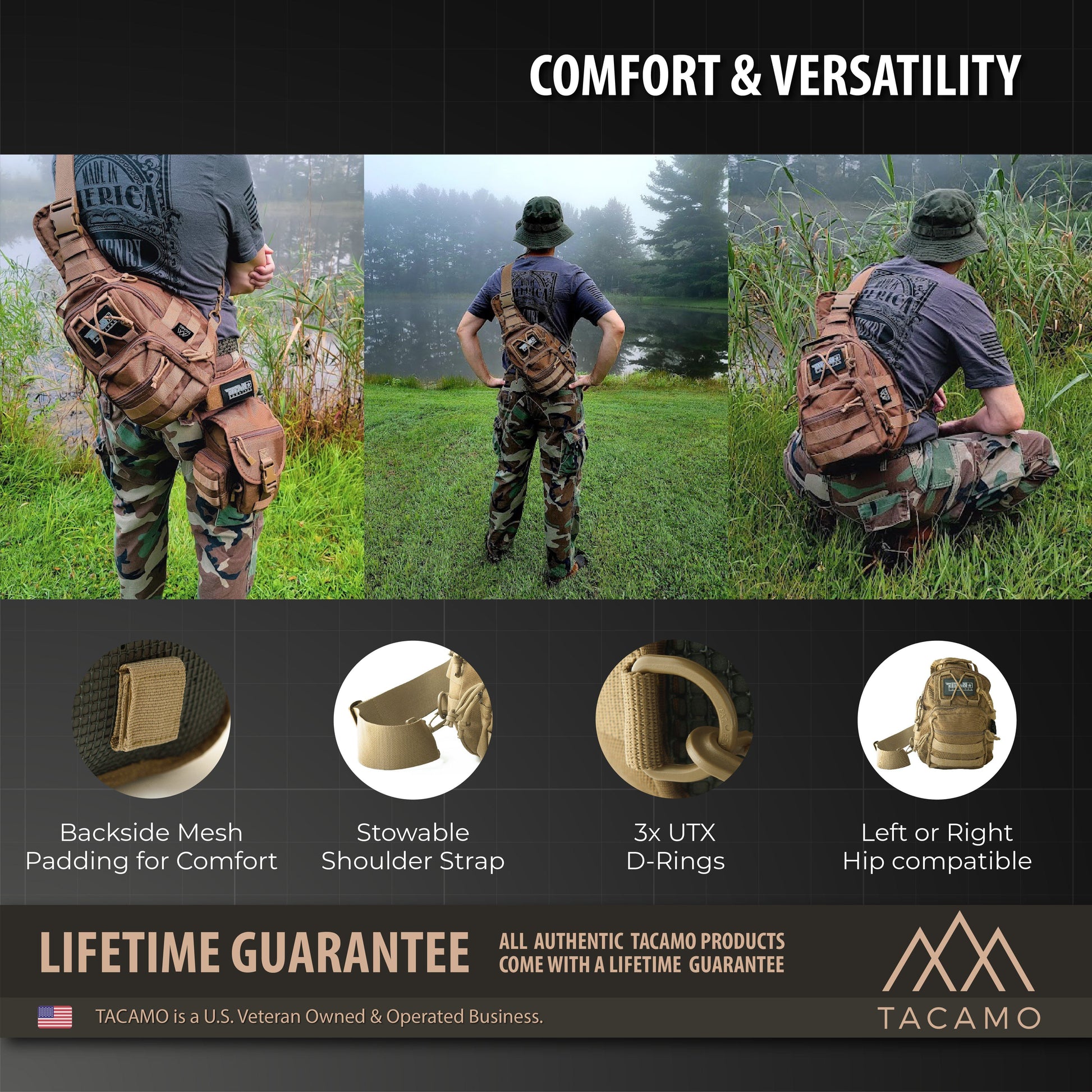 A man models the TITAN Survival TACAMO SB10 10L Tactical Crossbody Shoulder Sling Bag outdoors. Insets show mesh padding, stowable strap, UTX D-rings, and ambidextrous hip compatibility of this sling pack.