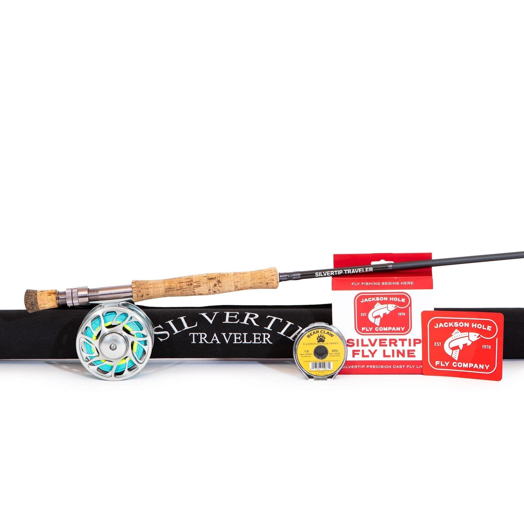 The Jackson Hole Fly Company Tarpon Alley Rod Combo Kit – 90 10WT includes a rod, reel, Silvertip Traveler sleeve, yellow line spool, red fly line box, and two red stickers for inshore saltwater fishing.