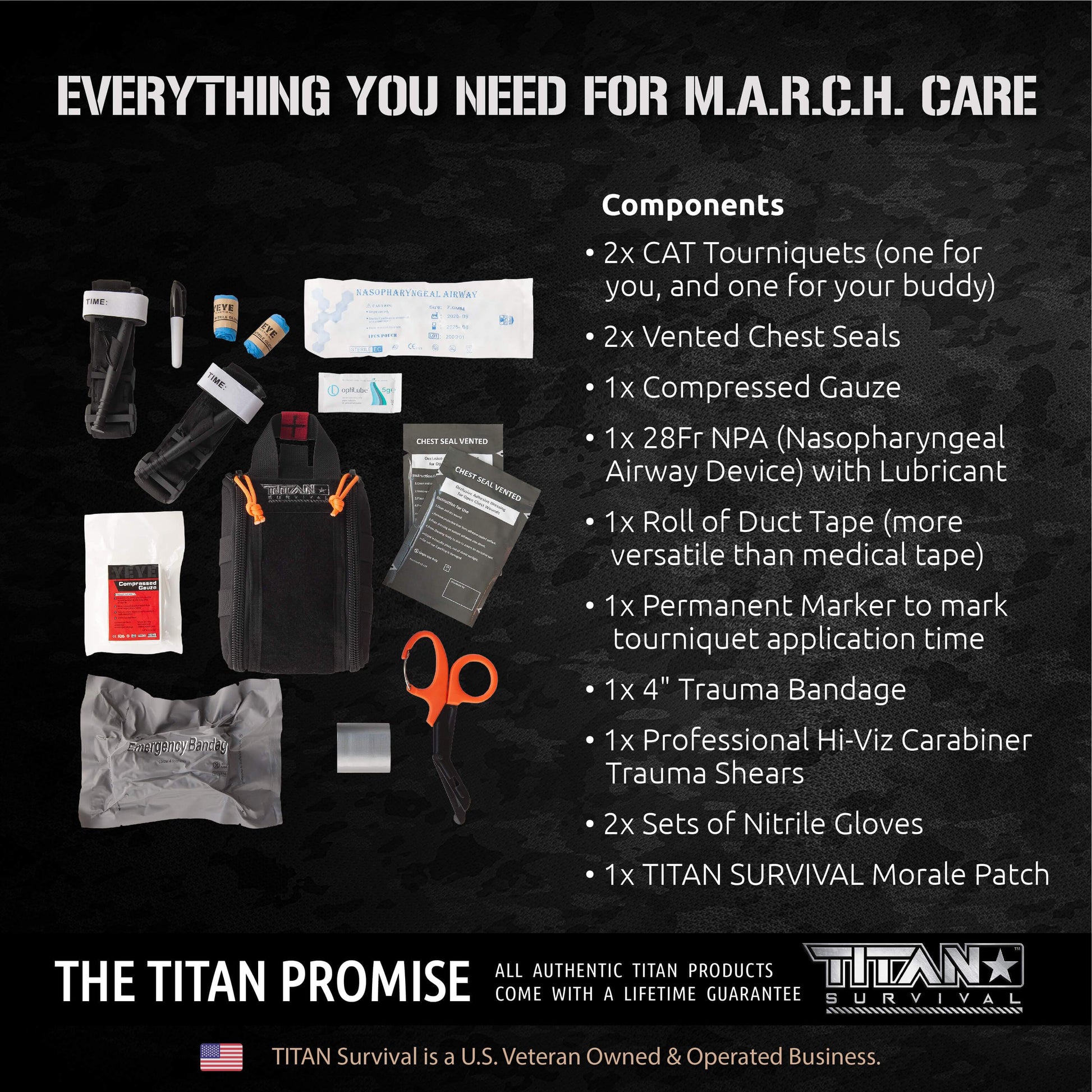 A black poster showcases the TITAN Survival TACAMO Individual First Aid Kit (IFAK), TCCC compliant, with 2 CAT tourniquets, vented chest seals, compressed gauze, airway device, and other essential tactical first aid supplies.