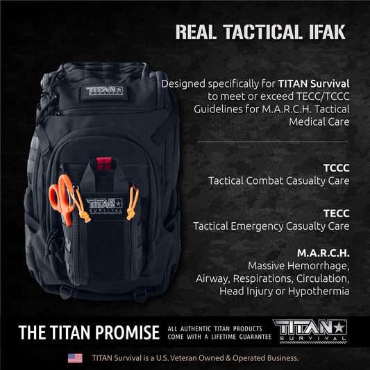 A black TACAMO Individual First Aid Kit (IFAK) by TITAN Survival, featuring orange trauma shears and emergency supplies, is TCCC compliant with 2x CAT tourniquets for use with M.A.R.C.H. care guidelines.