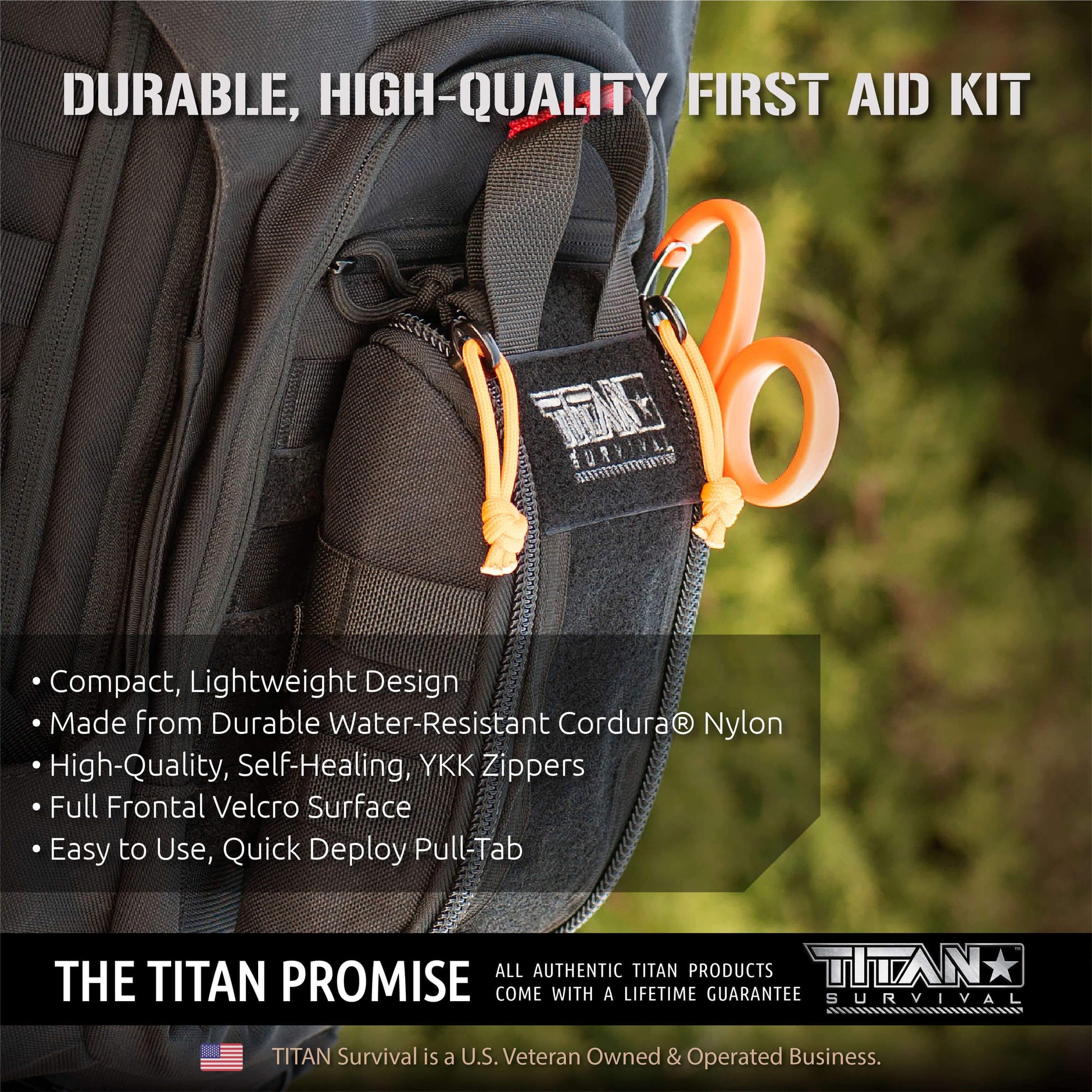 The TACAMO Individual First Aid Kit (IFAK) by TITAN Survival, attached to a backpack, features orange-handled scissors, a TITAN Survival patch, and velcro strap. Its durable, lightweight design is water-resistant with self-healing zippers.