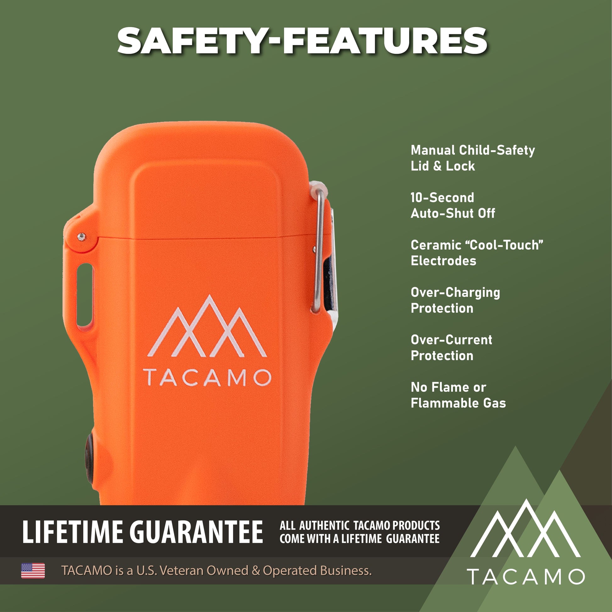 The TITAN Survival TACAMO H2 Rechargeable Dual-Head Electric Arc Lighter in orange features a child-safety lid, auto-shut off, ceramic cool-touch electrodes, over-charge and over-current protection, and uses no flammable gas.