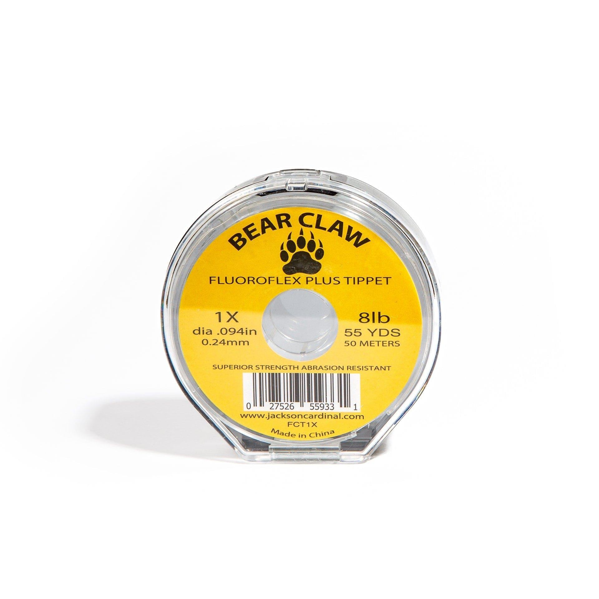 A spool of Bear Claw Fluoroflex Plus Tippet (8lb, 0.24mm, 55yd, yellow label) in a clear case—perfect for use with the Jackson Hole Fly Company White River 7WT Streamer Rod Combo Kit – Built for Power and Precision.
