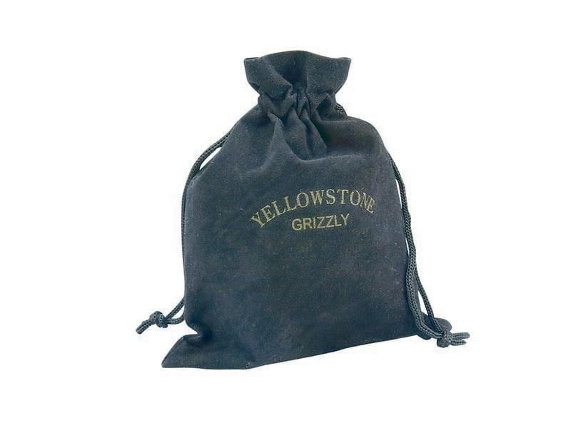 A black drawstring pouch with YELLOWSTONE GRIZZLY in yellow on the front, designed to protect your Yellowstone Grizzly Fly Reel by Jackson Hole Fly Company, shown on a plain white background.