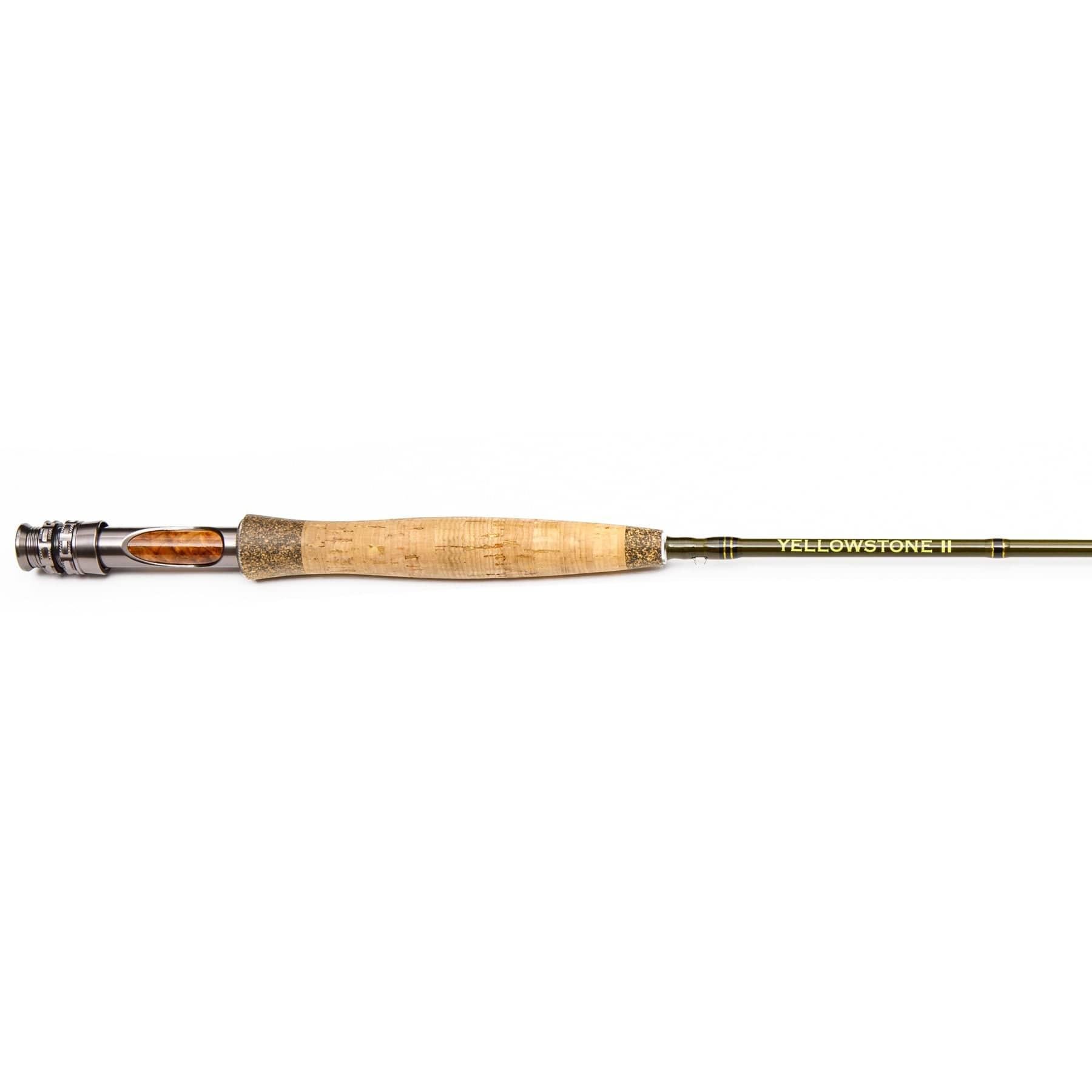 A close-up of the Jackson Hole Fly Company Yellowstone II Fly Rod – 4 Piece, Fast Action (3WT–7WT, 70–90) shows a cork grip, metal reel seat, and IM8 graphite shaft with YELLOWSTONE II printed on it against a white background.